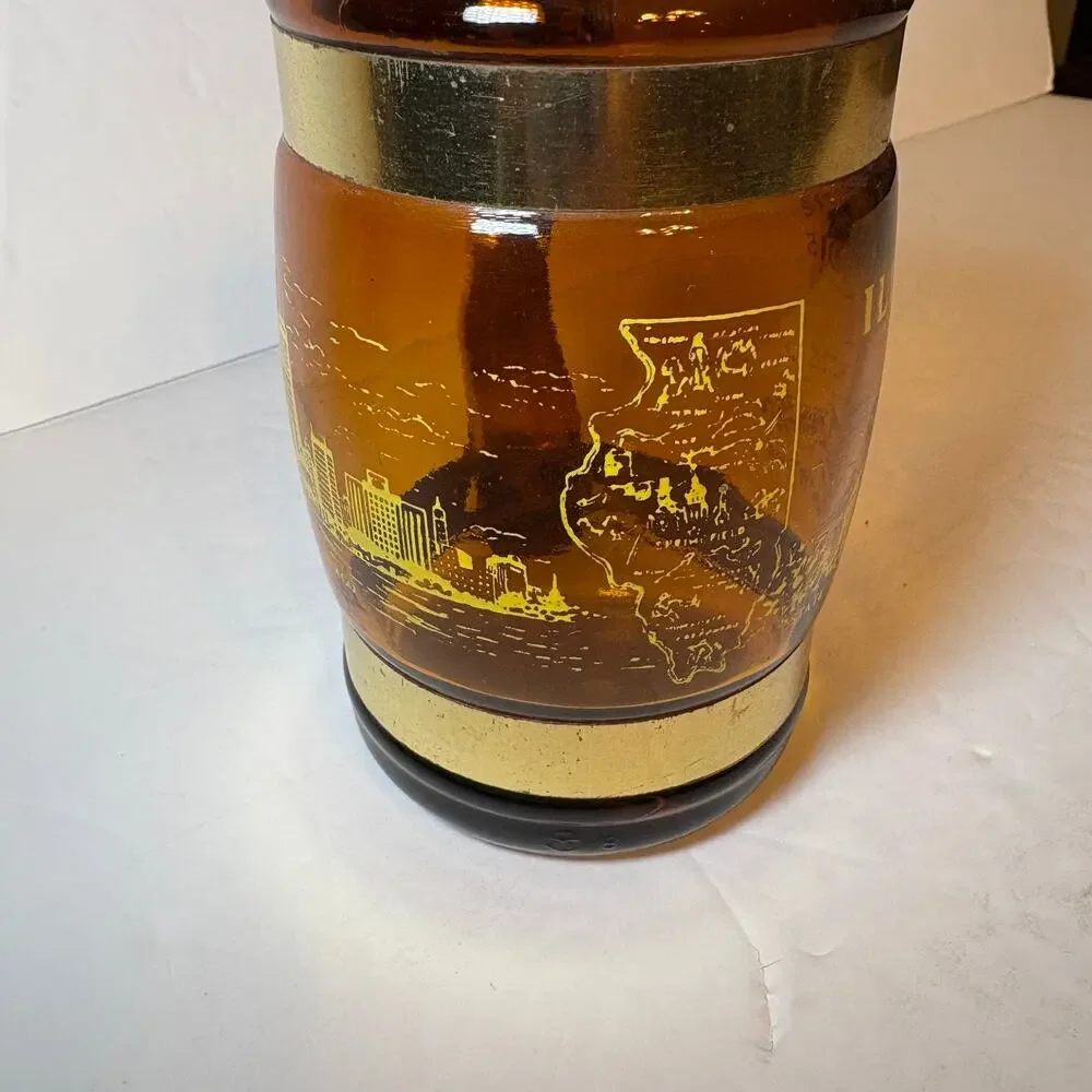 Vintage Illinois Souvenir Brown Glass Barrel Mug Wood Handle Lincoln